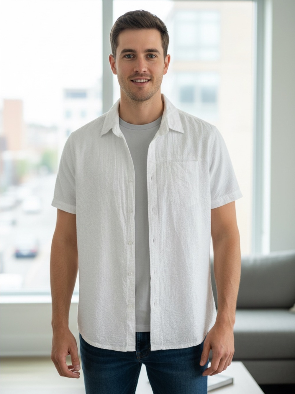 Men's White Short-Sleeve Button-Down Shirt - Classic Casual